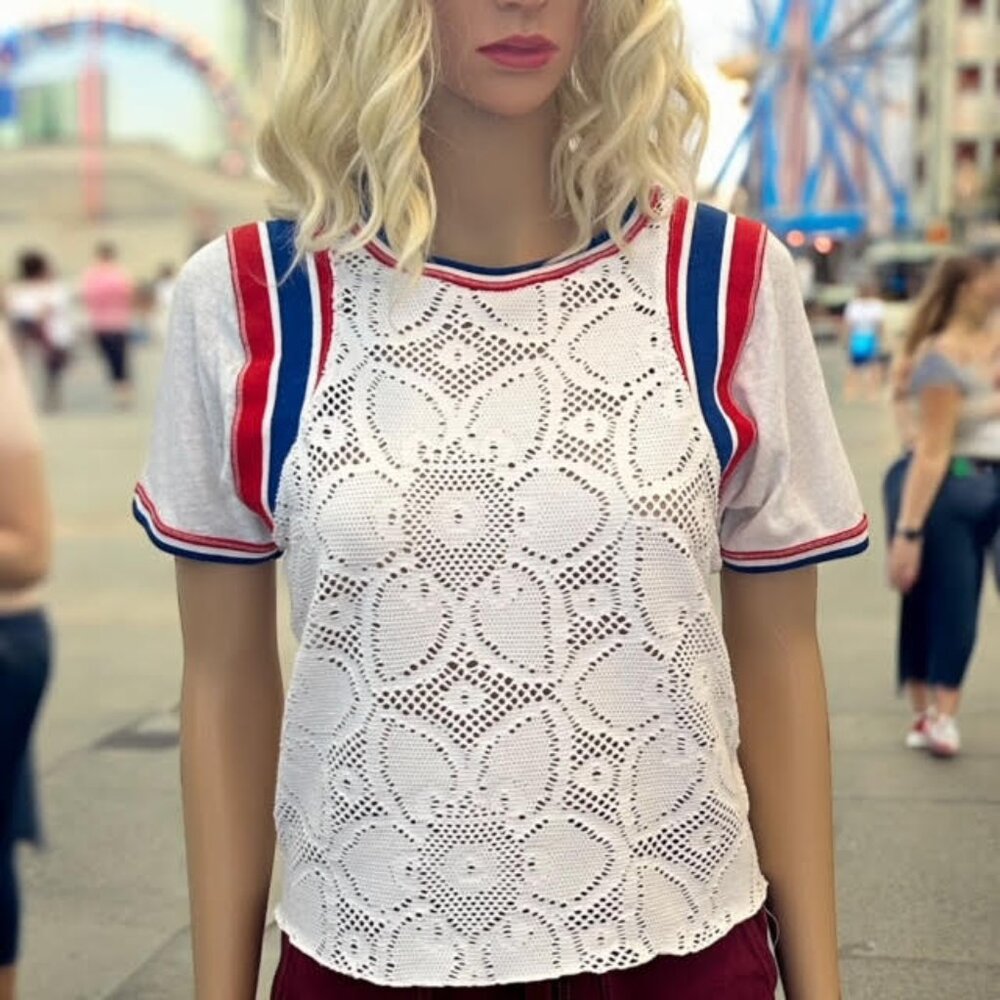Free People XSmall Mimi TShirt Short Sleeve Top White Red Blue Mesh Crochet XS
